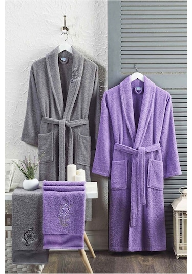 4 Parça Aile Bornoz Seti Kadın Erkek Havlulu Bornoz Takımı Gri La (534406871)