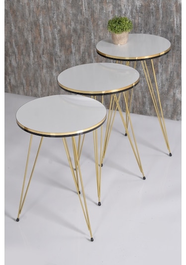 Zigon Sehpa Ve Orta Sehpa Elips Set Çift Gold Beyaz Tel Ayak