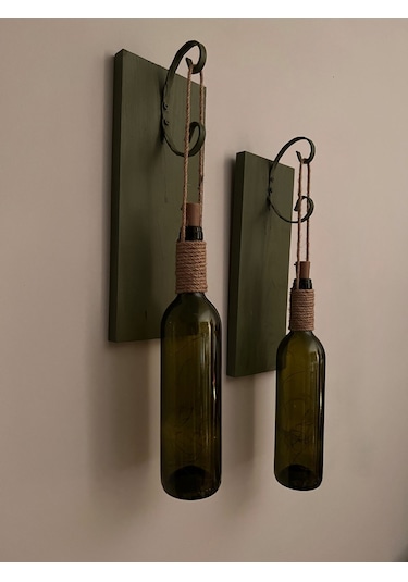 Ahşap  Retro Yeşil Şarap şişesi Duvar Aplik 2'li Set Yeşil