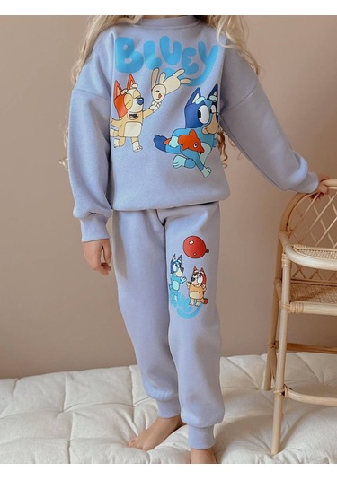 Kız Çocuk Bluey Modelli 3 İplik Şardonlu Eşofman Takımı Lila
