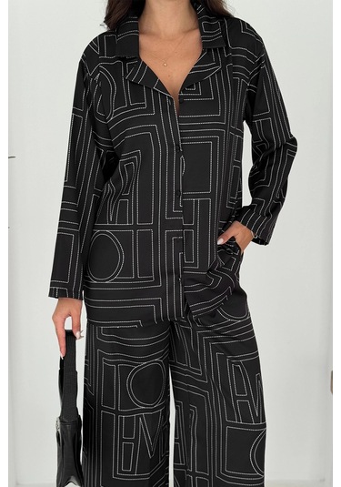 Geometrik Desen Modal Saten Takım Siyah Siyah