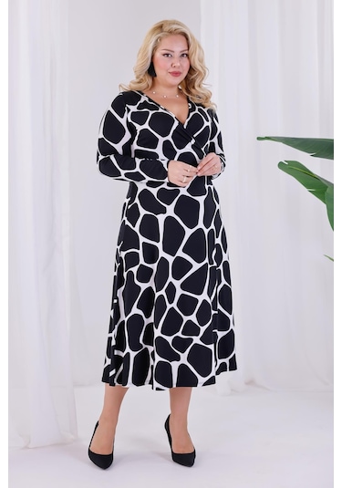 Kadın Siyah Beyaz Taş Desen Kruvaze Yaka Büyük Beden Esnek Maxi Elbise Siyah