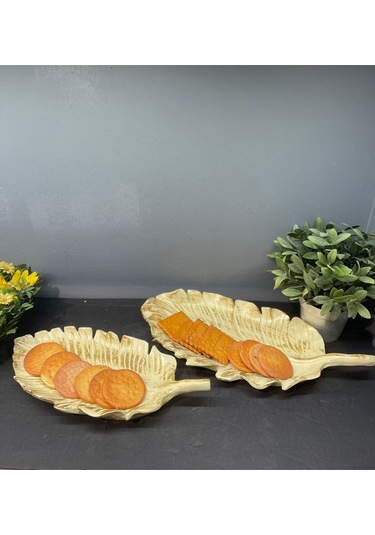 Dekoratif Polyester İkili Yaprak Sunumluk Krem Gold Eskitme