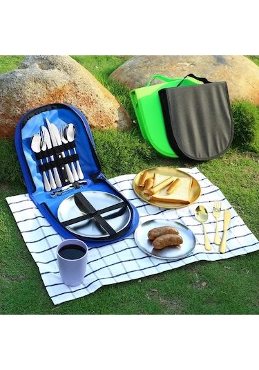 Tcherchi 10 Parça Kamp Sofra Seti Piknik Çatal Bıçak Takımı Mavi Çanta Gümüş Renk Set Mavi