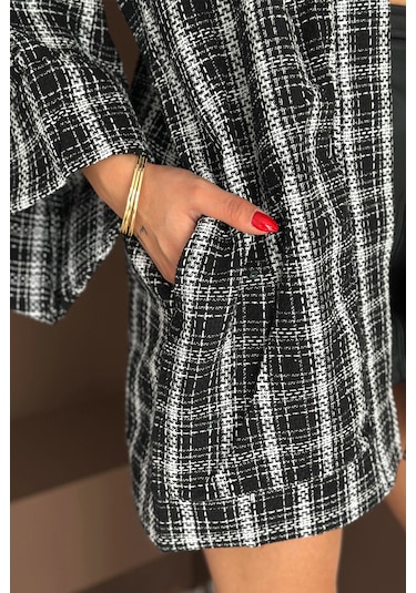 Kare Desenli Kimono Siyah Siyah