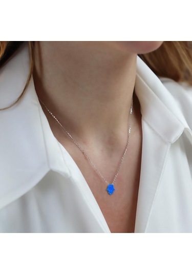 Mavi Opal Taşlı Fatma Ana Eli Gümüş Kolye Gümüş