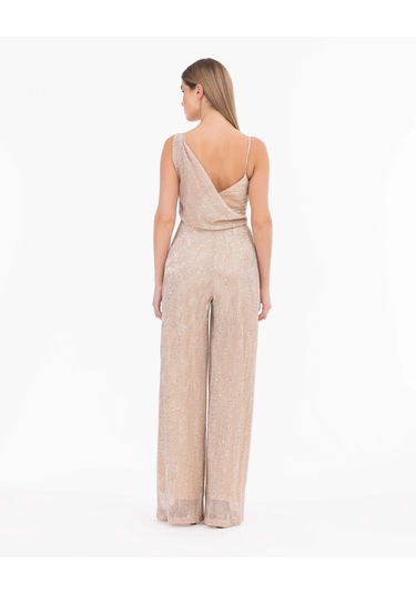 Degaje Yaka Tam Boy Askılı Abiye Tulum-gold Gold