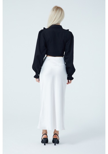 Fiyonk Fırfır Detaylı Poplin Gömlek Siyah