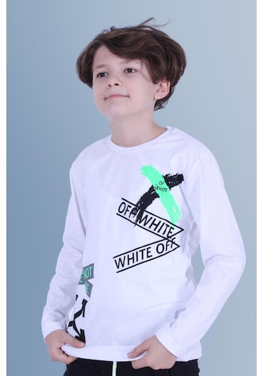 X Baskılı Uzun Kollu Erkek Çocuk Beyaz Sweatshirt Beyaz