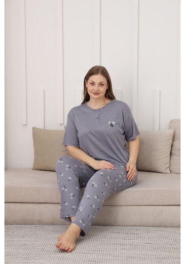 Viskon Kumaş Kadın Büyük Beden Kısa Kollu Pijama Takımı Mavi