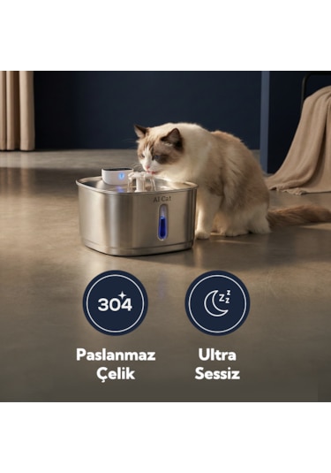 Aı Cat Hydra Metal Kablosuz Sensörlü Akıllı Kedi Su Pınarı - 304 Paslanmaz Çelik & 60 Gün Şarj