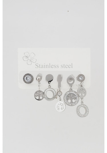 Kadın Kararmaz 6'Lı Hayat Ağacı Detaylı Çelik Set Küpe Gümüş-M Kadın Kararmaz 6'Lı Hayat Ağacı Detaylı Çelik Set Küpe Gümüş-M