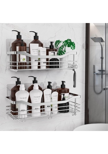 Hfambition Sus304 Paslanmaz Çelik Duş Dolabı, Delme Yok, 5 Kanca, Su Geçirmez Duş/ Mutfak Düzenleyici Rafı 2 Adet Gümüş