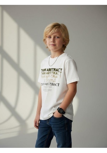 Zekids Erkek Çocuk Baskılı Tasarım T-shirt-16906 Ekru