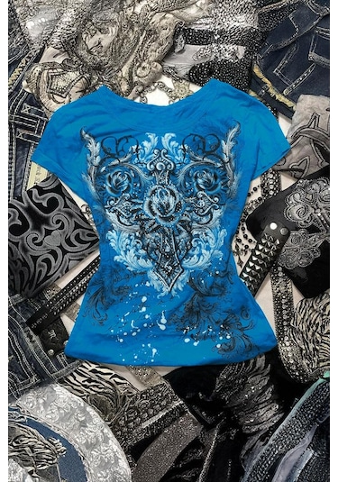 Mavi Gotik Rose Harajuku Y2k Kısa Kollu Crop-18660 Mavi