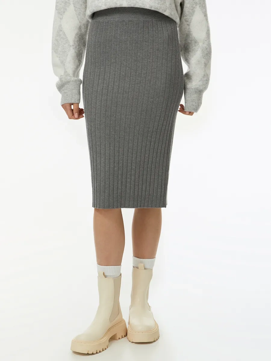 Oodji Kaburga Desenli Örme Midi Etek 261414456 Gri