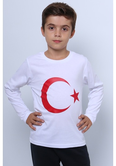 Çocuk Ayyıldız Baskılı Tshirt Uzun Kollu A57 Beyaz - Kırmızı