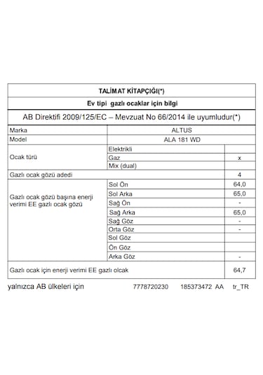 Altus ALA 181 WD Doğalgazlı Ankastre Ocak