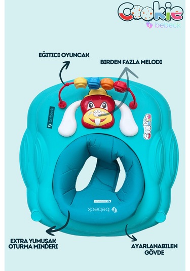 Cookie Ayarlanabilen Müzikli Yumuşak Pedli Lüks Yürüteç Turkuaz