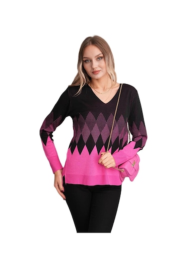 Kadın V Yaka Baklava Desen Kazak 12807 Bgl-st04104 Pembe