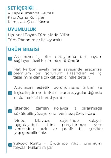 Hyundai Bayon İç Trim Set Mat Karbon Siyah / Ayna Katlama Butonlu