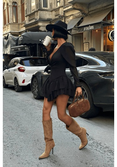 Kadın Vatkalı Kruvaze Yaka Tül Elbise L