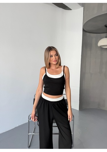 Kadın Çift Kat Detaylı Modal Dokulu Alt Üst Takım Siyah