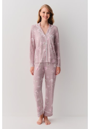Suwen Lara Maskülen Pijama Takımı Sh26224660b1021 Gül Desenli