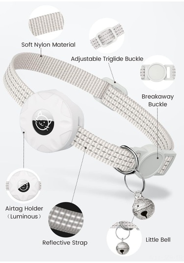 Geeroyoo Kedi İzleyici Airtag Kordonu Silikon Kılıf, Yansıtıcı Işıklı, Güvenli Kilitli, Ayarlanabilir Nylon Tasarım Beyaz