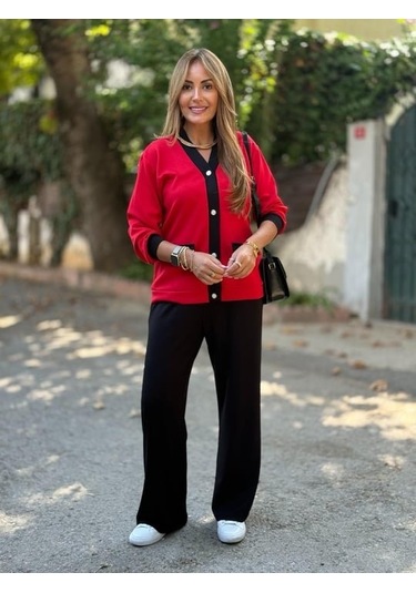 Kadın Uzun Kollu Ribanali Cep Detay Hırka Ve Bol Paça Pantolon Ikili Takım Çok Renkli