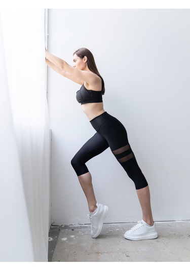 Tül Detaylı Toparlayıcı Spor Kapri Tayt Siyah