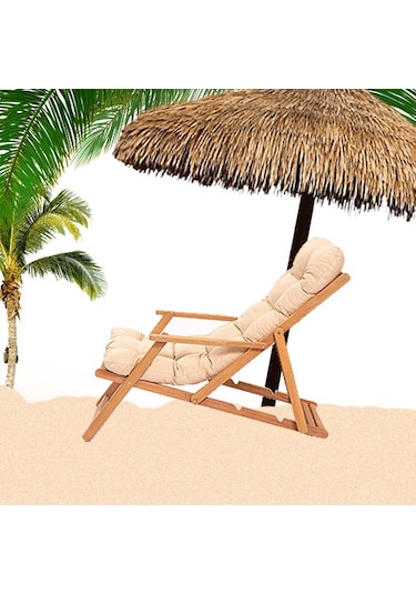 Ahşap Şezlong Sandalye Katlanır Minderli -sütlü Kahve