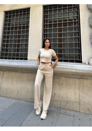 Taş Renk Modal Kumaş Bisiklet Yaka Takım Taş