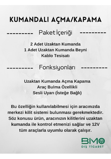 12v Oto Açma Kapama Uzaktan Kumanda Seti Sustali