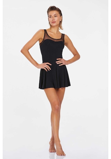 Kadın Siyah Tül Detaylı Askılı Elbise Mayo C6t4n8o3 001