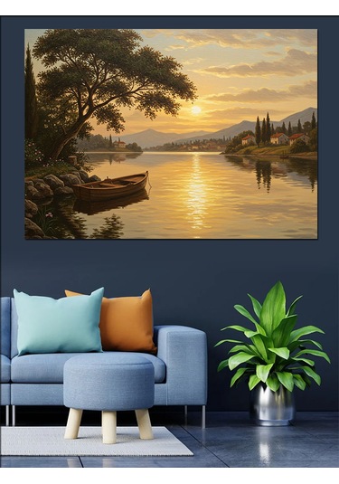 Sakin Göl Gün Batımı Dekoratif Kanvas - Mdf Ahşap Tablo