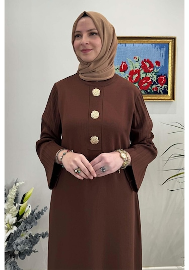 Banu Broşlu Triko Elbise Kahve Normal