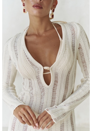 Anandra Boncuk Detay Bej Triko Uzun Elbise Bej