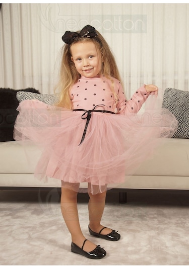 Puantiyeli Kız Çocuk Uzun Kollu Doğum Günü Ve Özel Günler İçin Tüllü Elbise Gülkurusu