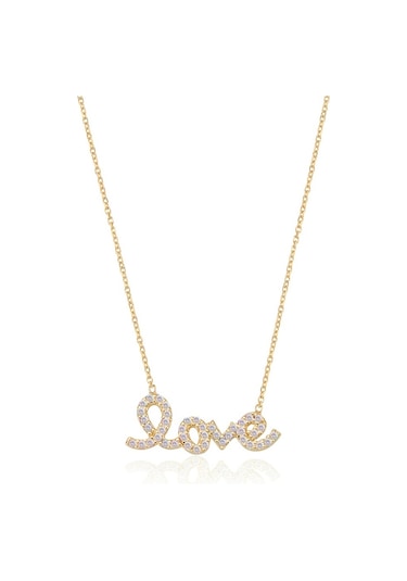 Zirkon Taşlı Pırlanta Montür Altın Kaplama Love Gümüş Kolye