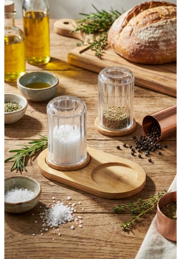 Makri Home Bambu Standlı Tuzluk & Baharatlık Seti 2 Li Şeffaf