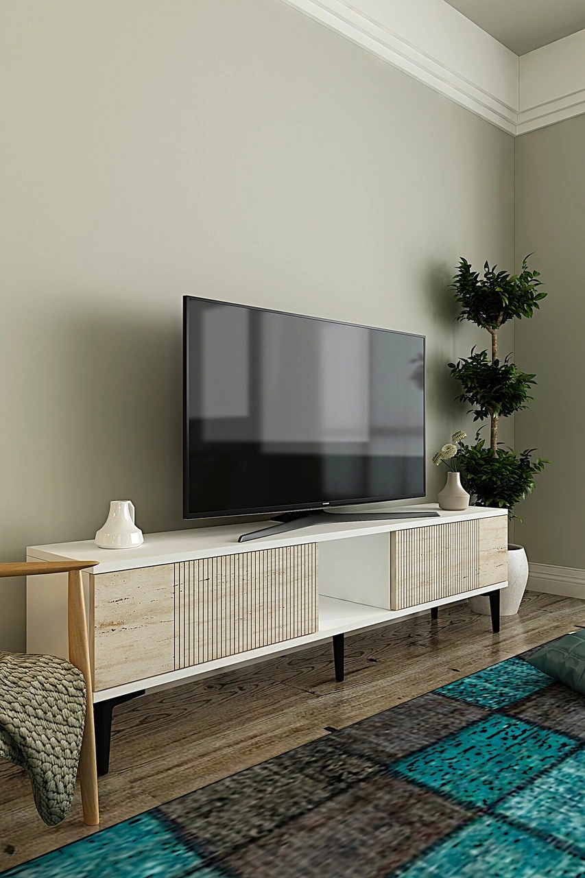 Tsa1502bt - Corsatv150 Tv Stand, Tv Sehpası Beyaz-traverten Kapak 150cm Beyaz