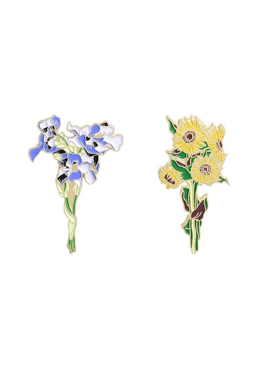 Çiçek Broş 2 Adet Van Gogh Ayçiçeği Ve Süsenler Broş İğneleri, Altın Rengi