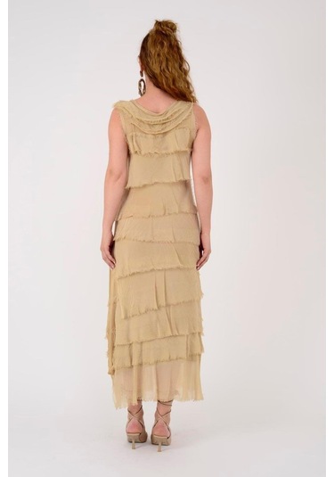 Italyan 2 Beden İnce Gösteren Kat Kat Kolsuz Ipek Elbise Görseldeki