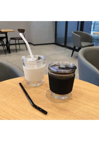 Kangvka Beyaz Cam Kahve Bardak, Kapak Ve Pipetli, Islak İçecekler İçin Fonksiyonel Tasarım Beyaz