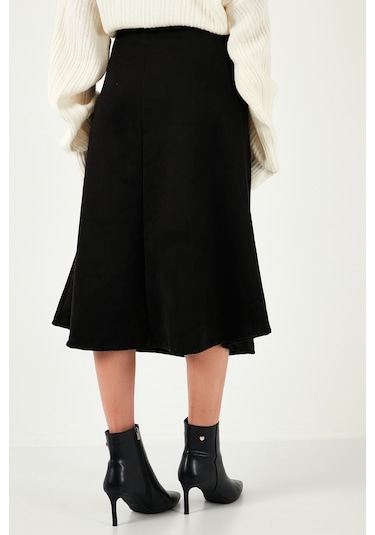 Lela Streç Regular Fit Yüksek Bel Midi Boy Süet Çan Bayan Etek 5866180 Siyah
