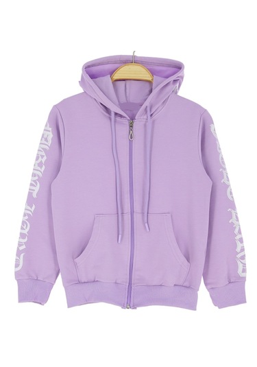 Kız Çocuk Kolları Kapüşonu Yazı Desenli Kanguru Cepli Lila Hırka