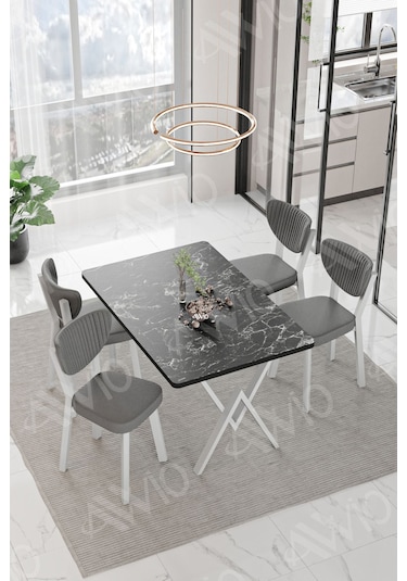 Avvio Lionel Beyaz Elma Sandalye 80x120 Yemek Masası Mutfak Masası 4 Kişilik Masa Sandalye Takımı Siyah Mermer