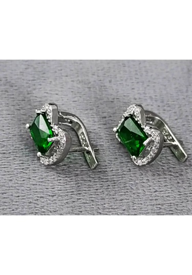 Lilahgümüştr Gümüş Yeşil Baget Taşlı Kadın Kolye Küpe