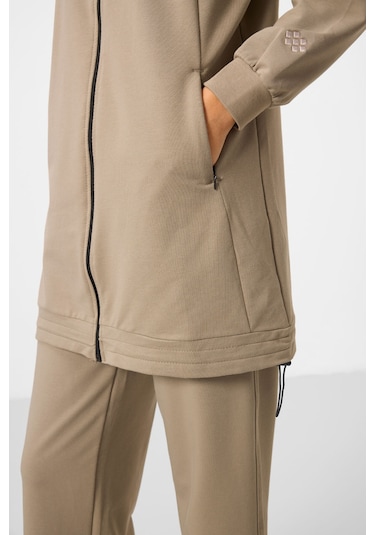 Koyu Bej Dik Yaka Fermuarlı Pamuklu Kadın Eşofman Tunik Takım - 95346 Bej